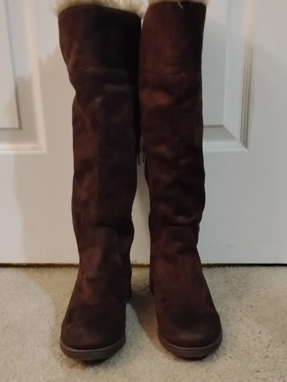 Tall Brown Suede Boots w/ Faux Fur Trim Lace Up Backs W/ Zipper On Side Women's